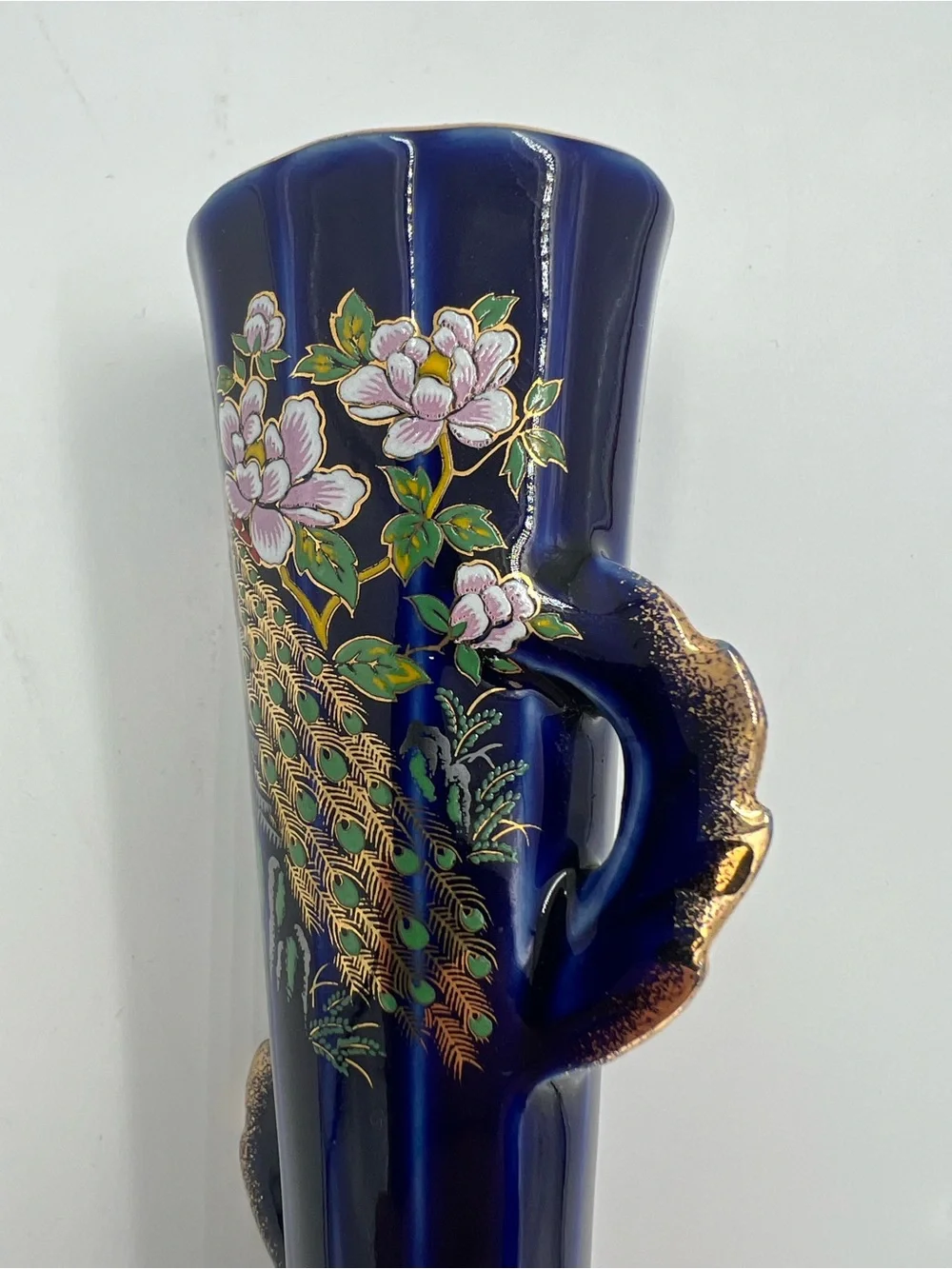 Vintage Cobalt Blue Peacock & Floral Gold Accents Bud Vase Japan 4.75” Tall